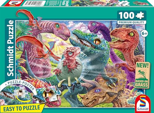 Schmidt Spiele 56527 Kleine Dinos, große Abenteuer, 100 Teile Kinderpuzzle aus Graspappe