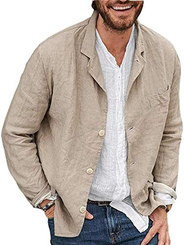 Blazer décontracté en coton et lin pour homme à trois boutons de couleur unie