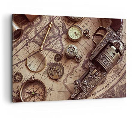 Wandbilder Dekoration Wohnzimmer Kartographie Vintage Kompass Bilder auf Leinwand 120x80cm Leinwandbild Schlafzimmer Deko Wand Kunstdruck Art Groß XXL Wanddeko Bild Wall Decor Canvas AA120x80-4582