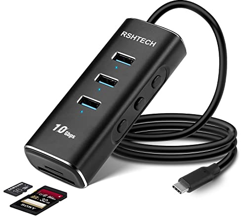 RSHTECH 5-Port USB C Hub with 3x 10Gbps USB 3.2 Ports & SD/TF Card Reader | Aluminum 10Gbps USB-C Multiport Adapter with 2ft Cable | Without Power Adapter (RSH-A104D)