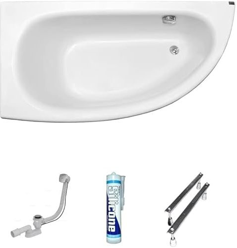 ECOLAM Baignoire d'angle Milena acrylique blanc 150x70 cm gauche + bonde vidange et trop-plein automatique, pieds silicone