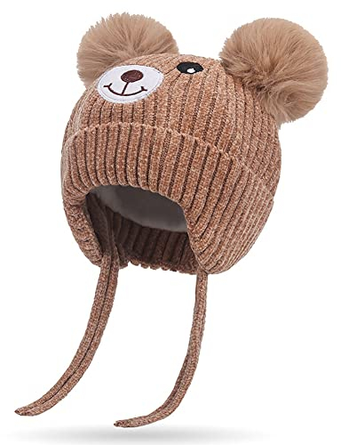 Kleinkind Süß Bär Wintermütze mit Ohrenklappen Baby Mädchen Junge Chenille Strickmütze Kinder Pom Beanie mit Bindebändern Ohrenschützer Hut Baby Verdicken Warme Plüsh Gefüttert Mütze 0-5 Jahre