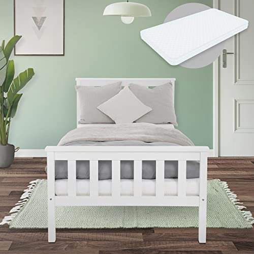 ML-Design Lit d'enfant Simple, 90x200 cm, Blanc, Matelas à Mousse Froide Polyester, H:10 cm, Housse Amovible, Sommier à Lattes, avec Tête et Pieds en Bois de Pin Massif, d'Adolescents/Adultes