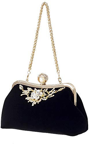 Clutch-Tasche für Damen, Diamant-Perlen, Vintage-Stil, Kristallblumen, Hochzeit, Party, Schwarz, Schwarz