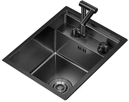 Single Bowl Stainless Steel Bar Invisible Sink Kitchen Concealed Single Bowl Sink Mini Dish Basin Small Sink with Cover, Folding Tap (Color : Black, Size : 35 * 45 * 23cm)