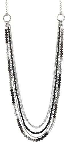 FULU AUTUMN Damen Statement Kette Lange Perlenkette Silber Chain Zwei Strang Modeschmuck Halskette Geburtstagsgeschenk(03-Black)