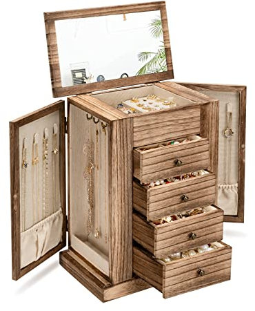 Emfogoo Boîte à bijoux pour femmes, grande boîte à bijoux rustique en bois avec miroir, boîte de rangement à bijoux à 5 couches pour bagues, boucles d'oreilles, colliers, bracelets (Noir carbonisé)
