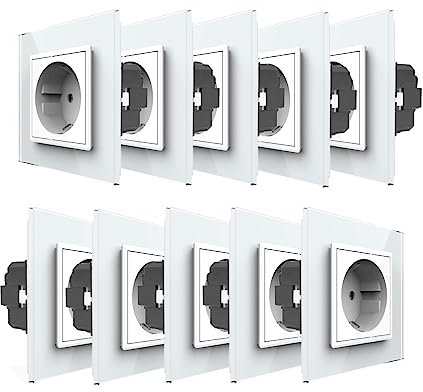 Livolo - 10 x módulos de enchufe sencillos VDE Juego completo con panel de cristal en blanco enchufe de pared empotrado