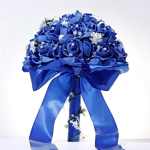 URFEDA Mazzi da Sposa, Artificiali Rose Mazzi con Perla, Faux Bouquet di Fiori Matrimonio, Mazzo Romantico da Damigella d'onore, Fiore Artificiale Centri Tavola di Nozze, Blu