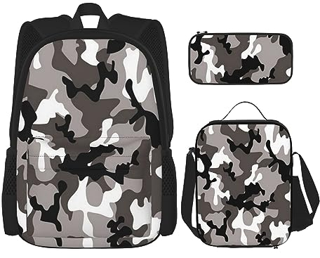 DOFFO Rucksack-Set, Schwarz, Grau, Weiß, Camouflage-Druck, Reise-Laptop-Rucksack für Damen und Herren, lässige Büchertasche mit Lunch-Tasche, Bleistifttasche, 3-teilig, Schwarz, Einheitsgröße,