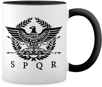 SPQR Roman Gladiator Imperial Golden Eagle Army New Trend Fun Lustig Weiße Tasse Mug mit schwarzen Felgen & Griff