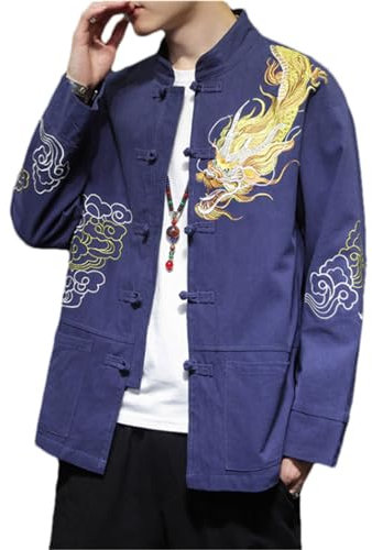 ZMIN Automne Style Chinois Vestes Hommes Casual Vintage Tang Costume Kung Fu Manteau Mâle Broderie Dragon Vêtements d'extérieur, T-2204, XXL