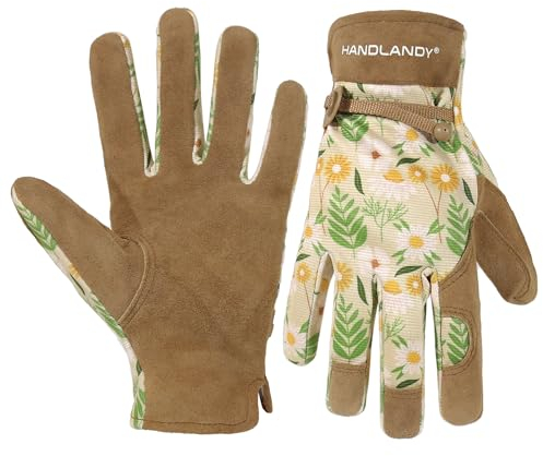 HANDLANDY Gartenhandschuhe für Damen, aus Ziegenleder, Sicherheitshandschuhe, dornensicher und atmungsaktiv, bestes Geschenk für Gärtner, Größe M