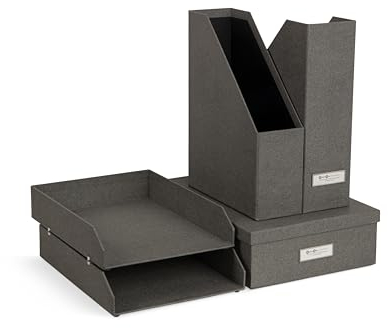 BIGSO HOLGER 5-teiliges Schreibtisch Set – Ordnungssystem mit 2 Stehsammlern, 2 Briefablagen und einer Box – Organizer aus Faserplatte und Papier in Leinenoptik – grau