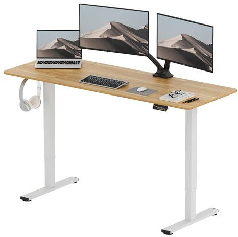 SANODESK Bureau Assis Debout Électrique 160x60 cm Bureau Debout Réglable en Hauteur, Panneau Clavier Contrôle à Fonctions Mémoires avec Crochet, Érable