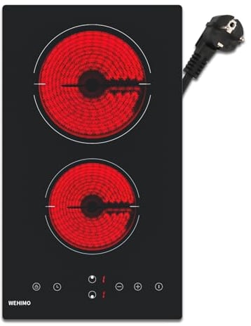 WEHIMO Glaskeramikkochfeld 2 platten, Domino Glaskeramikkochfeld, 29.5cm, 3000W, 2 Kochzonen (1800W+1200W), 9 Heizstufen, Berührungssteuerung, Kindersicherung, 1-99min Timer, Geeignet für Alle Töpfe