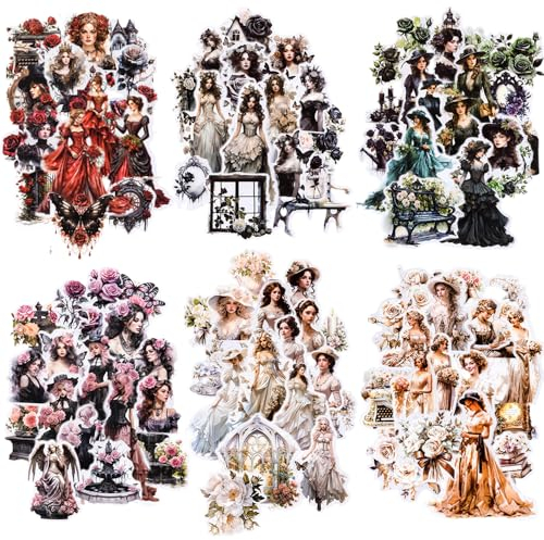 Kraeoke Mädchen Vintage Sticker-Set, 240 Stück, Polyethylenterephthalat, Glänzend, Wasserdicht, Vielfältig, Unregelmäßig, Indoor, Kombination 1, Mädchen, STICKER_DECAL, Sticker
