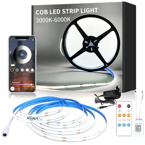 Yeewhale cob Led strip 5m,mit Fernbedienung,APP Steuerung,DC24V 6000k Weiß LED band,flexible Dimmbar COB LED Streifen,anwendbar auf Schlafzimmer, Raum,Schrank,DIY Dekoration