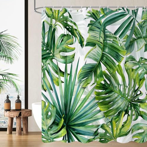 Caheansi Duschvorhang mit tropischen Blättern, tropische Palmenblätter, Monstera-Bananenblätter, Badezimmervorhang, wasserdichter Stoff, maschinenwaschbar mit Haken, 183 cm B x 183 cm L