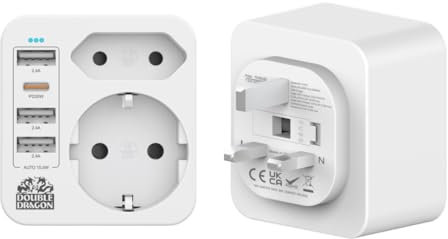 Double Dragon Adaptateur de Voyage 20W à Charge Rapide 5-en-1 France vers UK | 3 USB-A et 1 USB-C | Convertit EU 2-PIN Plug Une Utilisation au Royaume-Uni et en Irlande, Dubaï, la Malaisie, Singapour