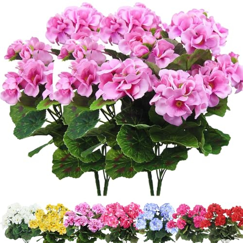 Künstliche Geranien, 35,6 cm, Seiden-Geranie, UV-beständig, kein Verblassen, Kunstblumen, volle Blüten, Seidenblumensträucher für Innen- und Außendekoration, 4 Stück, Violett