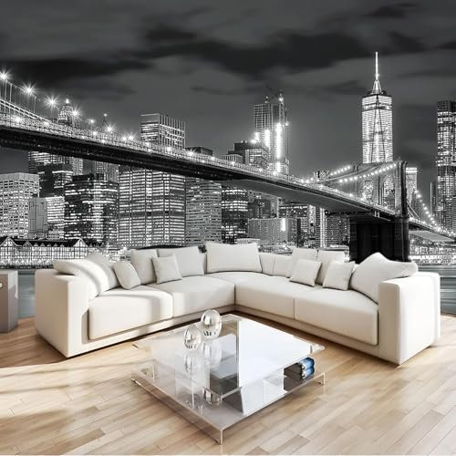 3D Panoramique Murale New York Pont De Brooklyn Gris 400x280 cm Papier Peint Intissé pour Salon Chambre Enfant Chambre Décoration Murale Poster Tableaux Photo Muraux