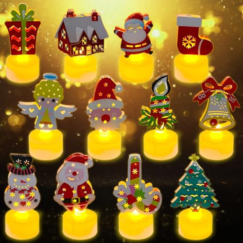 TOPJOWGA Weihnachtsdeko LED Kerzen, 12 Stück Weihnachten Teelichter, Flammenlose Teelichter Kerzen, Flammenlose Kerzen Batterie Dekoration für Tischdeko Weihnachten Party