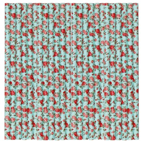 Eco-Friendly Pastel Floral Paper Straws 50 Pack, Biodegradable, Perfect for Parties and Events (Cyan & Red)