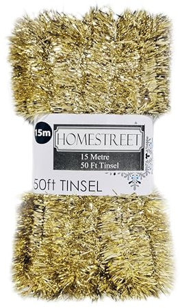 Very Long Christmas Tinsel in Red, Gold Or Silver, 50 Foot 15 Metres Xmas Holiday Home Office Decoration (GOLD)