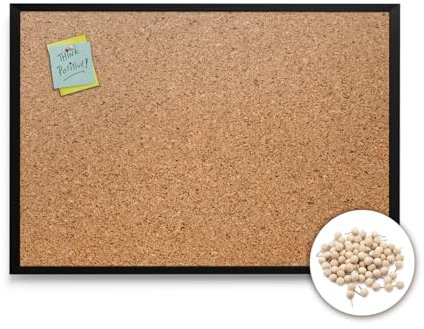 Tulup Korkplatte Wand 120x90 cm Pinnwand Kork 1,5 cm Dicke mit Schwarzer Rahmen aus Kunststoff mit Rahmen Naturkorkschicht Memo Board für Büro Schule und Zuhause Mit Pushpins