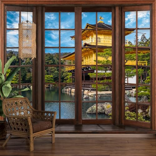 Papier peint panoramique Trompe l'oeil Fenêtre en bois - Temple Japonais - Largeur 390 cm x Hauteur 312 cm
