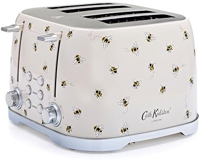 Cath Kidston 4 Slice Toasters Wide Slots By VQ - Multi Functional 4 Slot Toaster Stainless Steel with 7 Variable Browning Control, Defrost & Reheat Mode - Bread Toaster with Crumb Tray - Bees