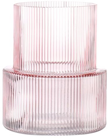 KAYLETIN Rosa Glasvase, gerippte Vasen für Blumen, Blumenvase für Tulpen, moderne Vasen für Wohnzimmer, Esstisch, Eingang, Kaminsims, Regal, Hochzeit, Büro, 19 cm