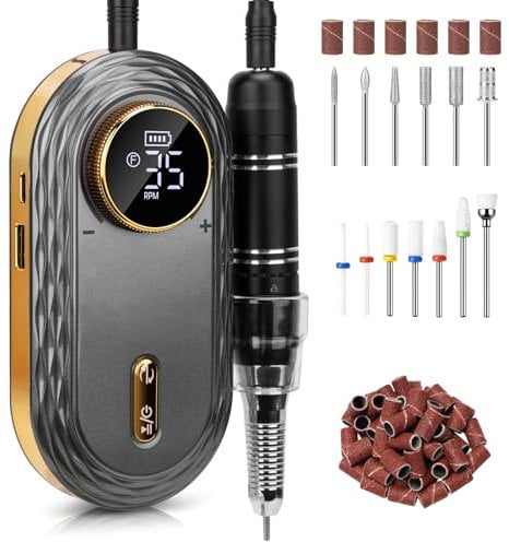 Madenia Electric Nail File 35000RPM, Professional Rechargeable Nail Drill Machine with Ceramic & Metal Drill Bits, Cordless E File Portable Efile for Acrylic Nails Gel Salon Home Manicure Use (Grey)