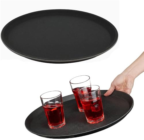 Paluplus 2 Vassoi Tondi da Portata Antiscivolo di colore NERO, Diametro 35,5 cm e Altezza 2 cm, Vassoio Impilabile e Infrangibile con Rivestimento Gommato, per Bar, Ristoranti, Fai da te -6886F