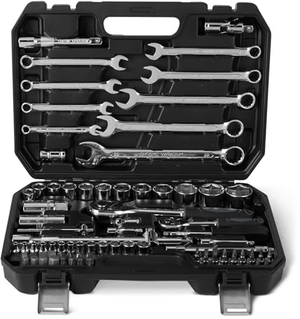 Amazon Basics 82-Piece Socket Set with Ratchets, Wrenches, Extenders and Bits, Includes Storage Case, for DIY, House Projects and Auto Repairs