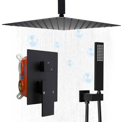 Matte Black Concealed Shower System, 16 Inch Rainfall Shower Head with Handheld Spray, 2 Function Shower Mixer Set with Rough-in Valve, High Pressure Shower Faucet Combo Set