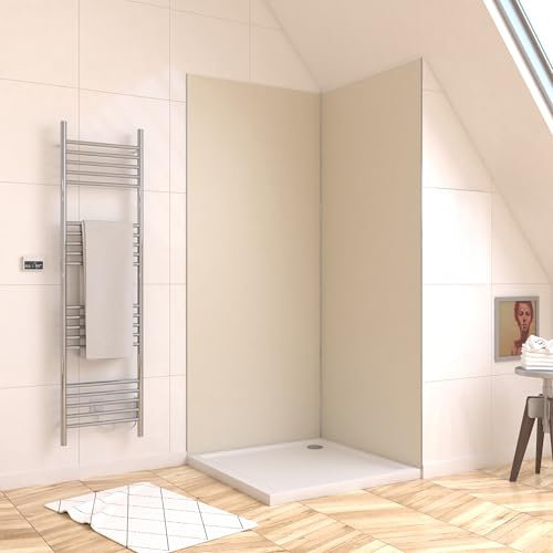 Marwell Urbanox Wandpaneel - fugenlose Aluverbundplatte als Duschrückwand & Küchenrückwand (Ivory, 90 + 120 x 210 cm inkl. Profil silber)