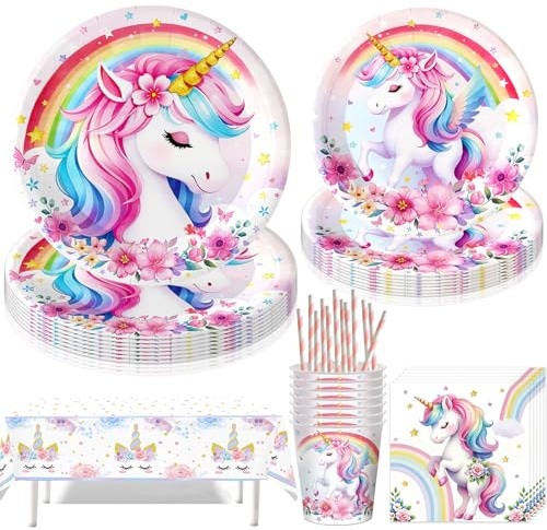 Sunshine smile Einhorn Partygeschirr Set,61 Stück Einhorn Teller Becher,Unicorn Teller Set,Einhorn Party Deko,Einhorn Teller und Becher Set,Dekorationen Geburtstage,geburtstag Zubehör