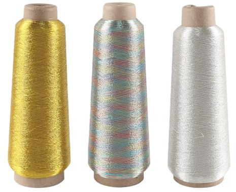 Nicear 3 Pezzi Kit Filo Ricamo Metallizzato Per Macchina 3250M Ogni Bobina Per Computerizzato E Cucito Decorativo Oro Argento E Sfumato