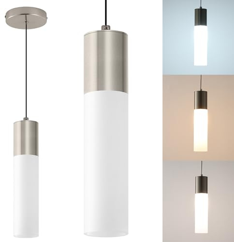 LECLLITEN LED Kitchen Pendant Lighting Over Sink 1-Light Brushed Nickel Pendant Lights Modern Dining Table Lights Ceiling Hanging Lamp with Milky White Lampshade, Adjustable Height, 3000K-6000K
