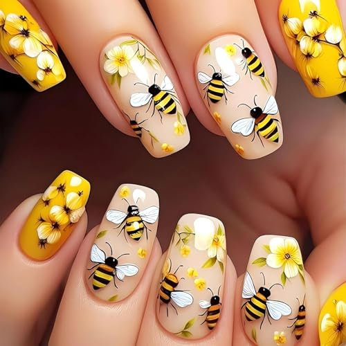 false nails,press on nails,bee stickers,Bees & Flowers Glam Nails – 12PCS Spring Floral Press-Ons, Medium Square Tips with 3D Honeycomb Texture, Reusable & Non-Toxic