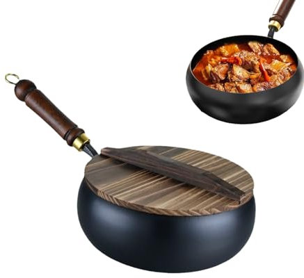 Dtaigou Chinese Handmade Cast Iron Wok,Frying Pan with Lid and Wooden,Big Belly Pot,Hand Forged Non-Stick Pan,for Stoves and Induction Hobs