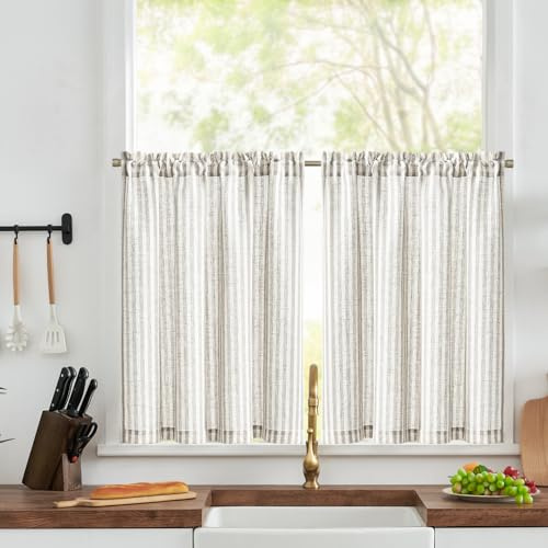TOPICK 2er Set H 75 x B 90 (cm) Gestreifte Scheibengardinen modern Leinen Gardinen mit Streifen Küchenvorhang Blickdicht Kurz für Küchen lichtdurchlässig Klein Fenster Grauhellbraun auf Beige