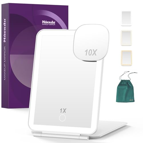 Mocado Rechargeable Travel Mirror, Makeup Mirror with Light | 1X/10X Magnifying Makeup Mirror with 3 Colors Lights, 72 LED Lights, Tabletop Folding Mirror for Travel, Touch Screen - White