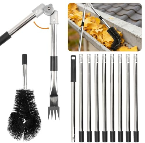 CENBEN 4M Telescopic Roof Gutter Cleaning Tools Kit, 13.12Ft Adjustable Gutter Cleaning Brush with Rake and 10 Extendable Poles, Roof Cleaning Equipment for Removing Leaves Debris Window Spider Web
