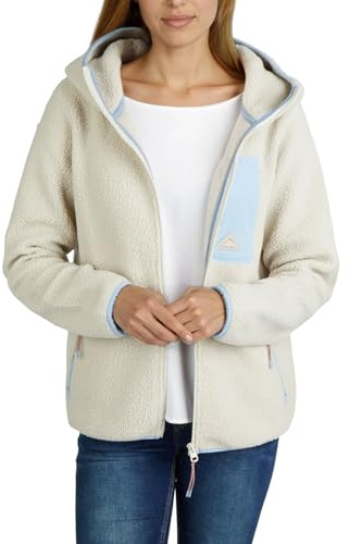 DENIMFY Fleecejacke Damen Regular Fit DFLea Teddyfleece Kapuzenjacke | Winterjacke Übergangsjacke Stehkragen Navy Blau Beige Grün S M L XL XXL 3XL