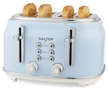 Salter Retro 4-Slice Toaster, Blue, Wide Slots | 6 Browning Levels, Defrost/Reheat/Cancel Functions, High-Lift Eject, Self-Centring Guides, Removable Crumb Tray, 1630W
