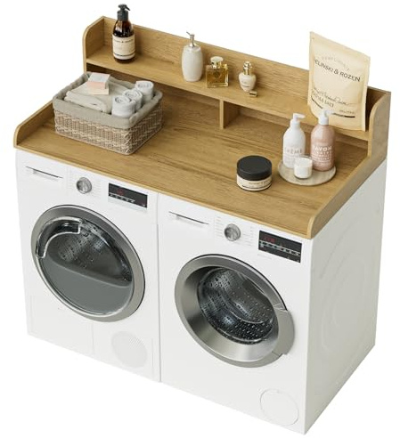 Apetaccat 2-Tier Washer Dryer Countertop, 137x 70CM Washer and Dryer Countertop Wood with Anti-Slip Pads, Washer Dryer Topper, Laundry Topper for Laundry Room Organization, Oak