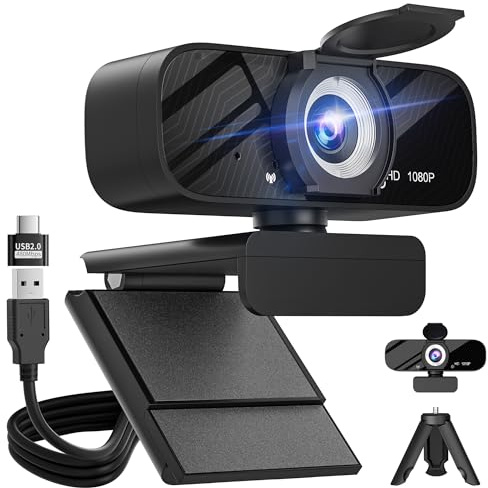 Gohero Webcam 1080P HD con microfono, copertura privacy, grandangolo, adattatore USB-C, correzione automatica della luce per PC, laptop, desktop, Mac
